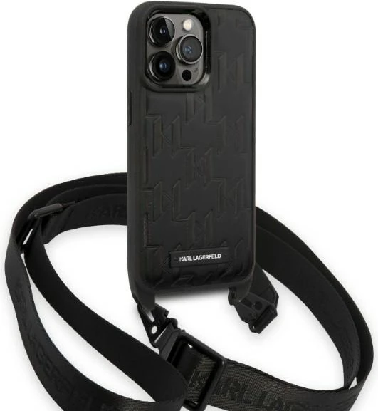 Mbështjellës Karl Lagerfeld Monogram Plaque Logo për iPhone 14 Pro 6.1", i zi me rrip