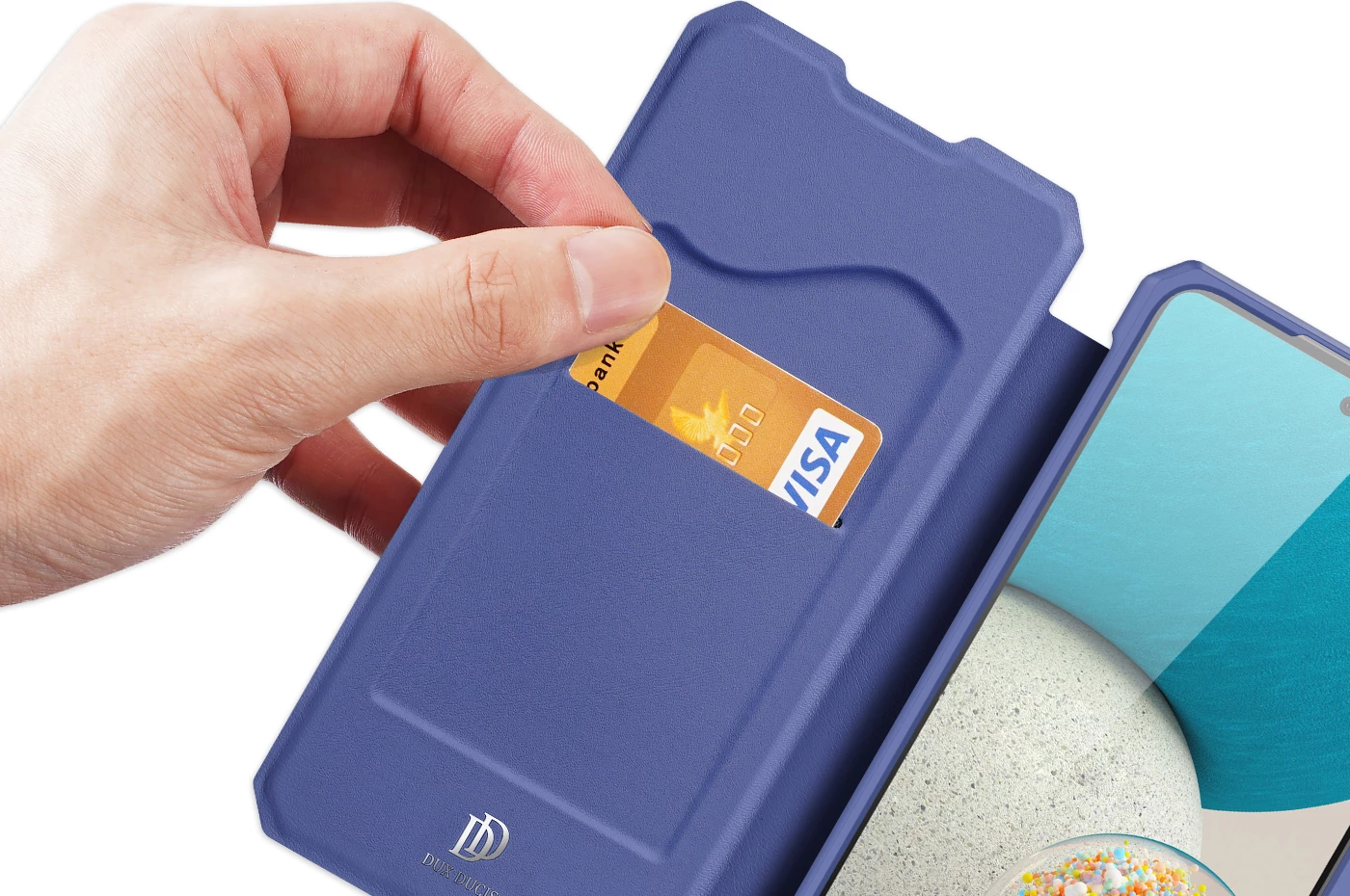 Mbështjellës Dux Ducis Skin X për Samsung Galaxy A73, me xhep për karta, me stand, kaltër