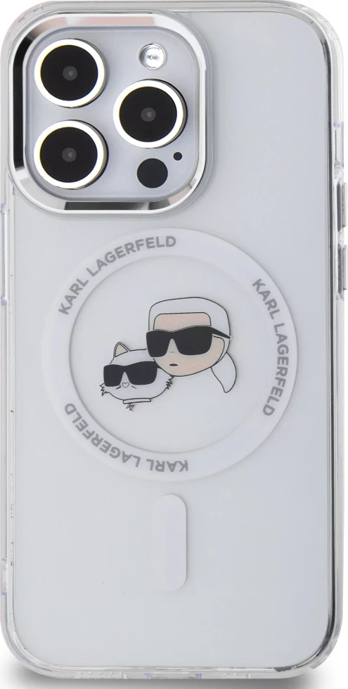 Mbështjellës Karl Lagerfeld IML Metal Karl & Choupette Head MagSafe për iPhone 14 Pro, Bardhë