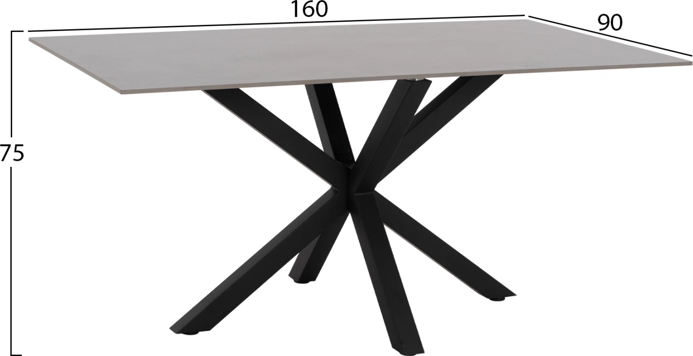 Tavolinë ngrënieje, sipërfaqe guri të sinteruar, këmbë metali, 160x90x75 cm