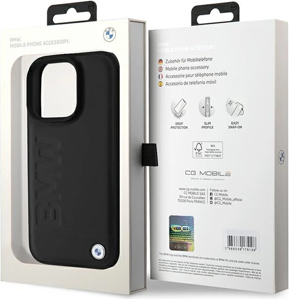 Mbështjellës BMW Leather Hot Stamp për iPhone 16 Pro, e zezë