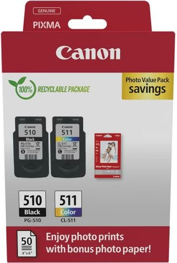 Paketë bojë printeri dhe letër foto, Canon PG-510/CL-511 (2970B017), për PIXMA, 2-pack me 50 fletë 10x15cm, e zezë + shumëngjyrëshe