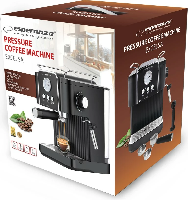 Makinë espresso me portafilter, Esperanza EXCELSA, 1.8L, 20 bar, 850W, shkumues qumështi, e zezë/argjendtë