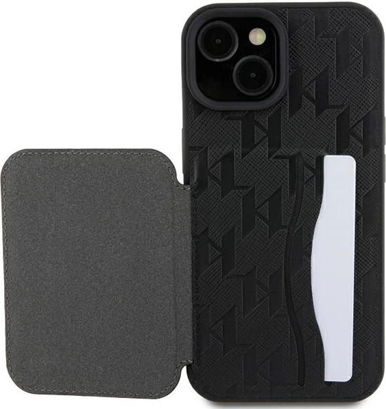 Mbështjellës Karl Lagerfeld Saffiano Cardslots & Stand Monogram Ikonik Patch për iPhone 15, i zi