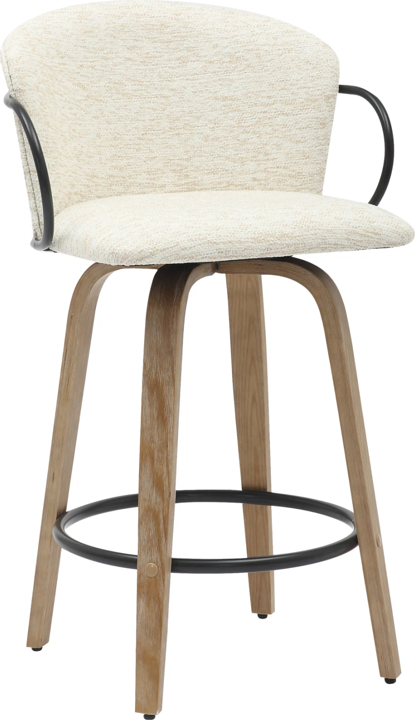 Karrige për bar, lartësi mesatare, NEBOR, FH9986.01, këmbë dru, metal i zi, pëlhurë ecru, 53.5x51x90 cm, set prej 2 copë