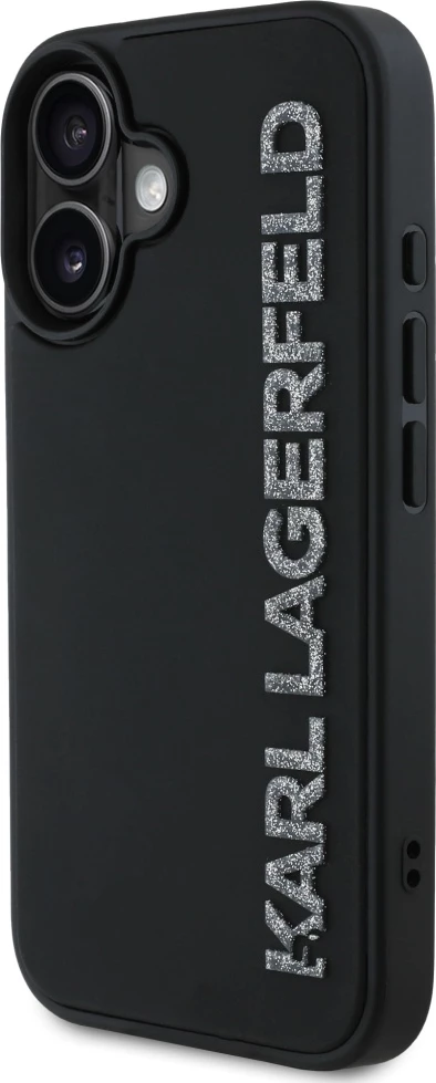 Mbështjellës Karl Lagerfeld HC 3D Rubber Elongated Glitter për iPhone 16, i zi