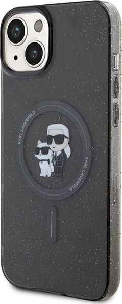Mbështjellës Karl Lagerfeld Karl&Choupette Glitter MagSafe për iPhone 15 Plus, i zi