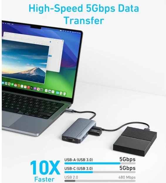 Hub USB-C ANKER PowerExpand A83790A2, 8-në-1, triple display, 2x HDMI + VGA, USB-A/USB-C 5Gbps, PD pass-through 85W, gri