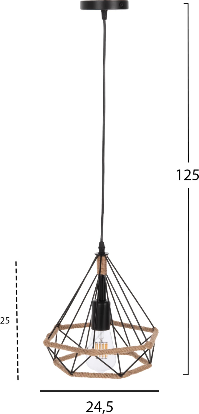 Llambë varëse tavani, FH4061, metal i zi me litar, 24,5x21,5x125Hcm