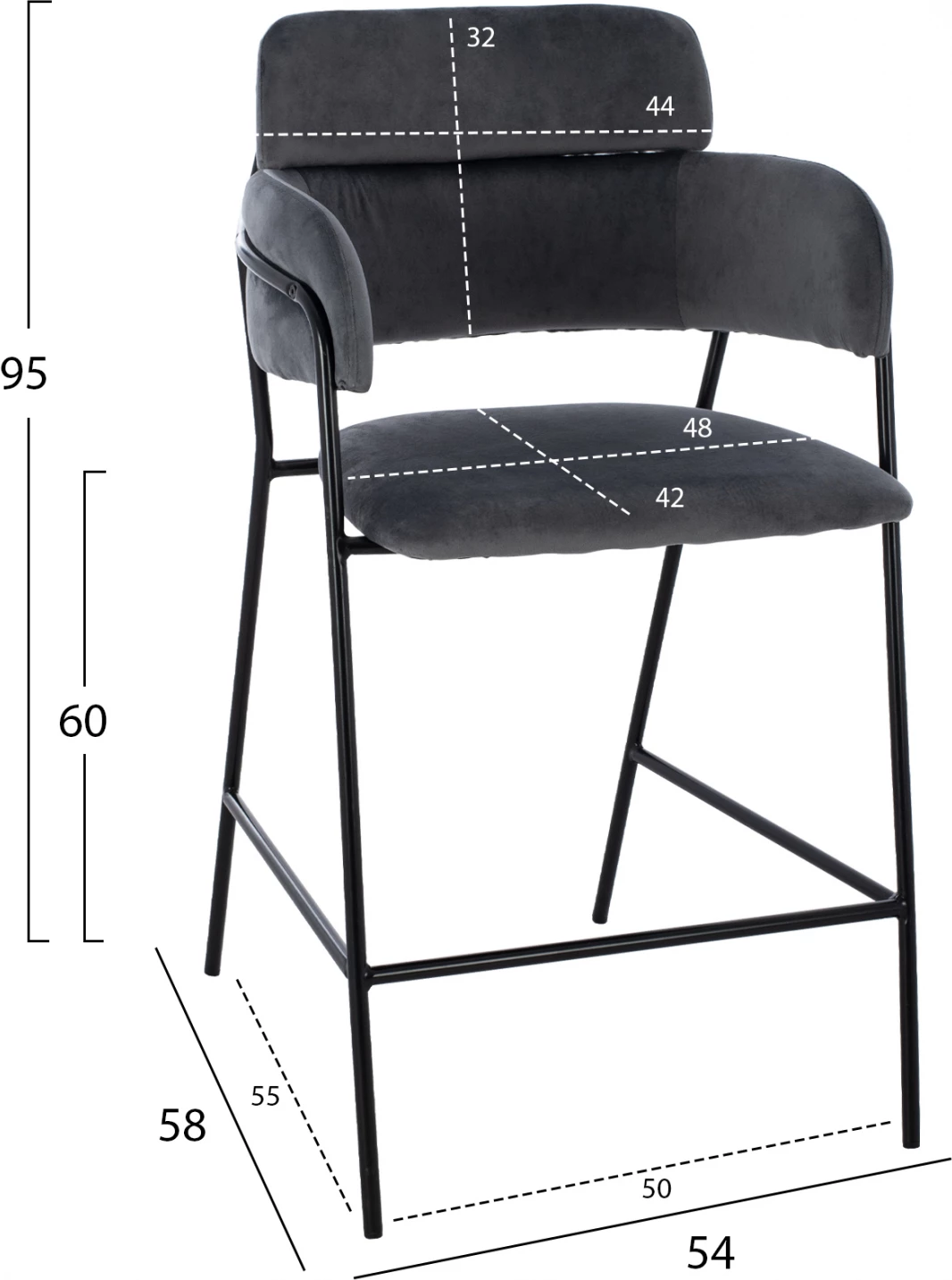 Karrige për bar, lartësi mesatare, FH8735.01, kadife gri me kornizë metalike, 54x58x95Y cm., set prej 2 copë