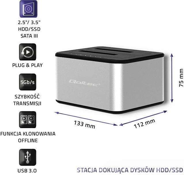 Stacion dokimi Qoltec 50316 për 2x HDD/SSD, USB 3.0, klonim offline, argjend