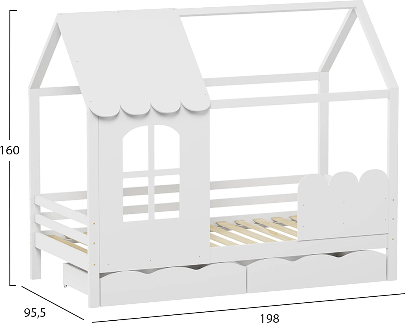 Krevat fëmijësh Montessori me 2 sirtarë DOMER FH710.03, dru pishe, ngjyrë e bardhë, dyshek 90x190cm
