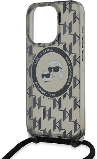 Mbështjellës Karl Lagerfeld IML Crossbody Monogram Karl & Choupette Head MagSafe për iPhone 15 Pro Max, i zi