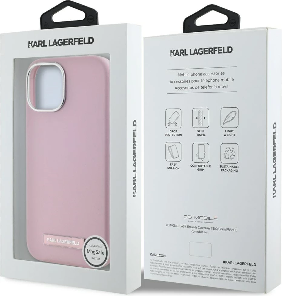 Mbështjellës Karl Lagerfeld FW Metal Plate MagSafe për iPhone 15, Rozë
