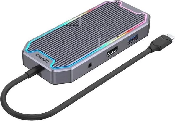 Hub Unitek me USB-C, HDMI, RJ45 dhe audio 3.5mm, gri