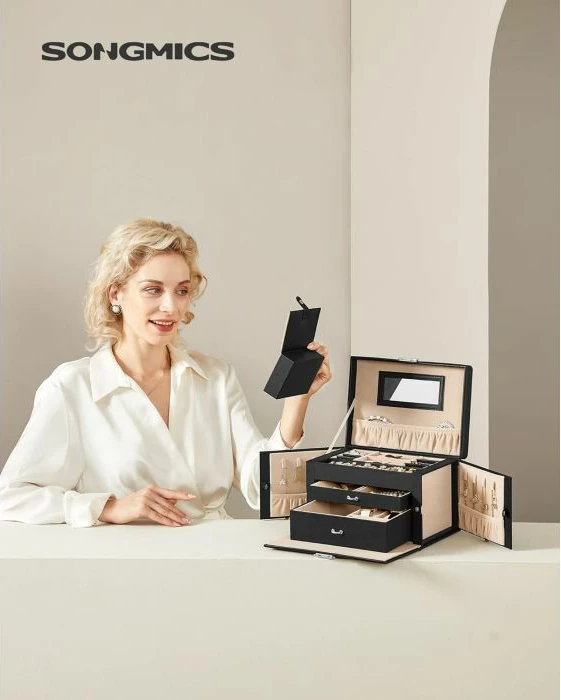 Kuti bizhuterish SONGMICS JBC121B, 3-katëshe me 2 sirtarë, pasqyrë, e mbyllshme me 2 çelësa, me mini kuti udhëtimi, e zezë