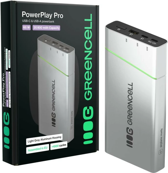 Powerbank Green Cell PowerPlay Pro PBPLGC20P 20800mAh 65W PD 2x USB-C + USB-A argjendtë/zezë
