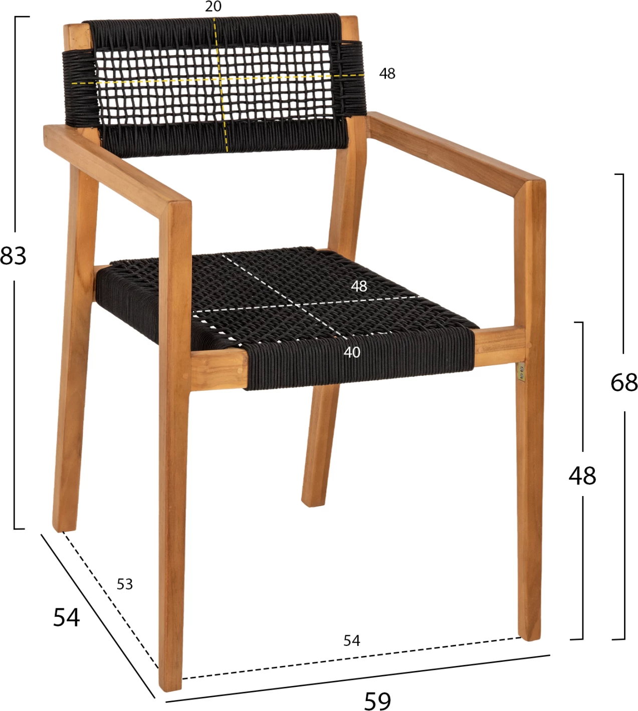 Karrige me krahë Charlotte FH9637.02 dru teak natyral dhe litar i zi 59x54x83H cm