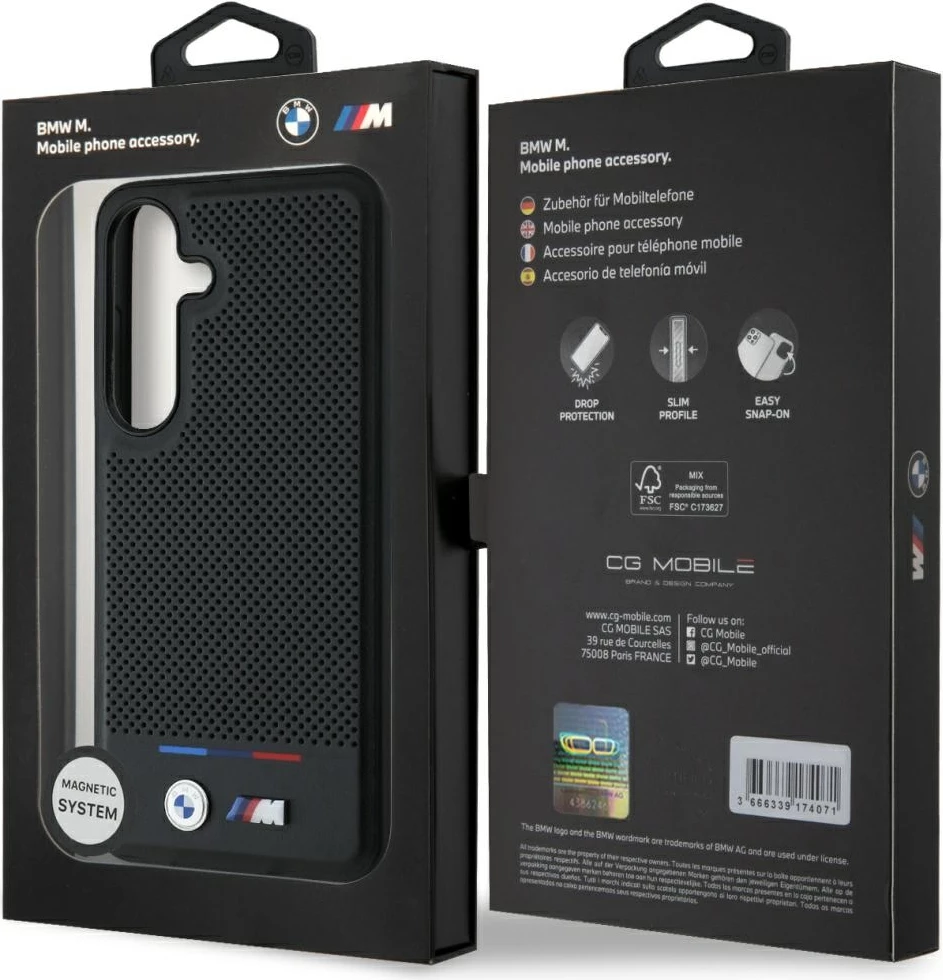 Mbështjellës BMW Leather Tricolor Stripe MagSafe për Samsung Galaxy S25+, lëkurë natyrale, hardcase, me unazë magnetike MagSafe, e zezë