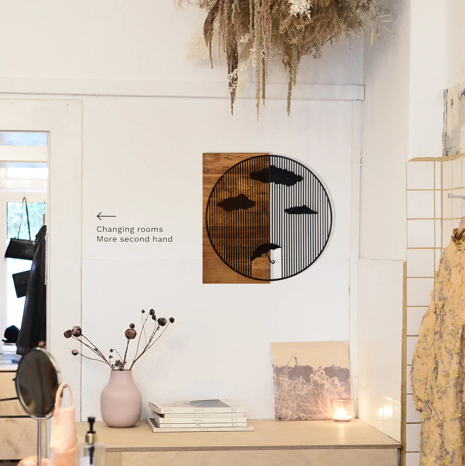 Dekor muri prej metali dhe druri, ngjyrë e zezë, 58x3x58cm