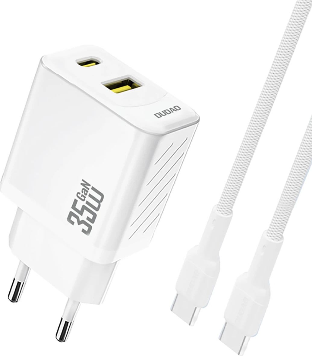 Karikues muri, Dudao A27MaxCEU, 35W PD/QC, 2 porta USB-C/USB-A, prizë EU, me kabllo USB-C 1 m, i bardhë