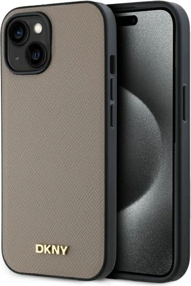 Mbështjellës DKNY Grained Metal Logo MagSafe për iPhone 15, Bezhe