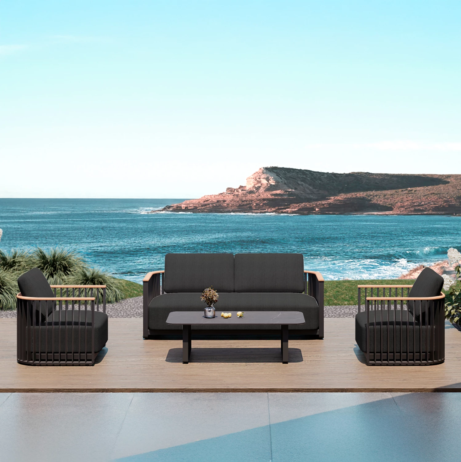 Set lounge për jashtë, 4 pjesë, seria Eternity, alumin anthracite, sipërfaqe guri sinterizuar, ngjyrë gri e errët