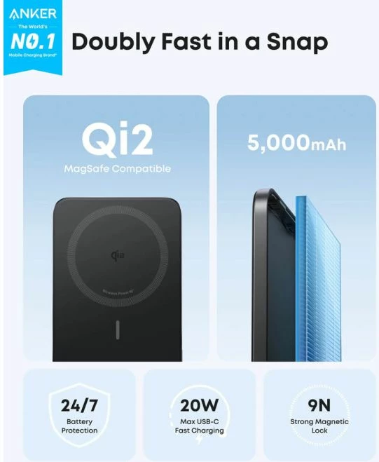 Power bank ANKER Nano A1665H11 5000 mAh ultra i hollë magnetik Qi2/MagSafe 15W pa kabllo, 20W USB-C, i zi