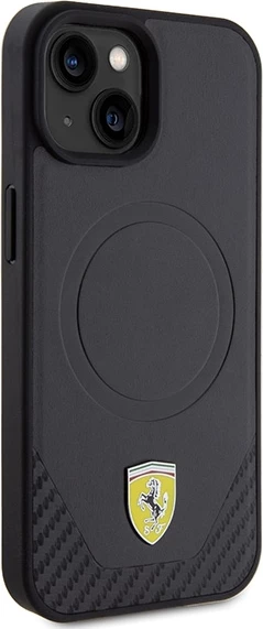 Mbështjellës Ferrari FEHMP15SPTEK për iPhone 15 6.1", Carbon Metal Logo, MagSafe, i zi