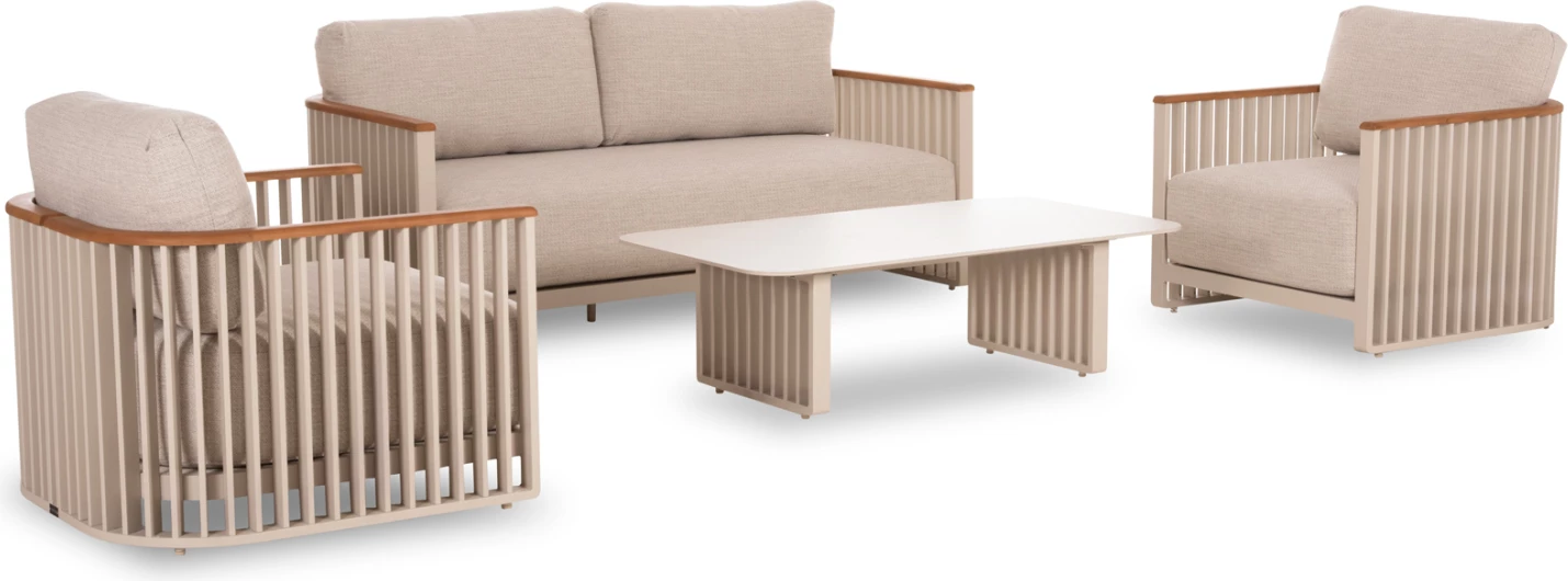 Set salloni për jashtë, 4 pjesë, kornizë alumini, ngjyrë krem, jastëkë bezhë, mbështetëse teak, tavolinë me sipërfaqe guri të sinterizuar, Candeo ETERNITY