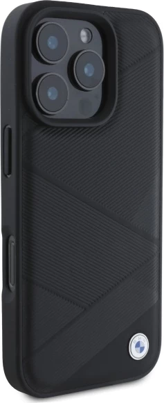 Mbështjellës BMW Sign Leather Crossing Lines Pattern për iPhone 16 Pro Max, lëkurë, zi