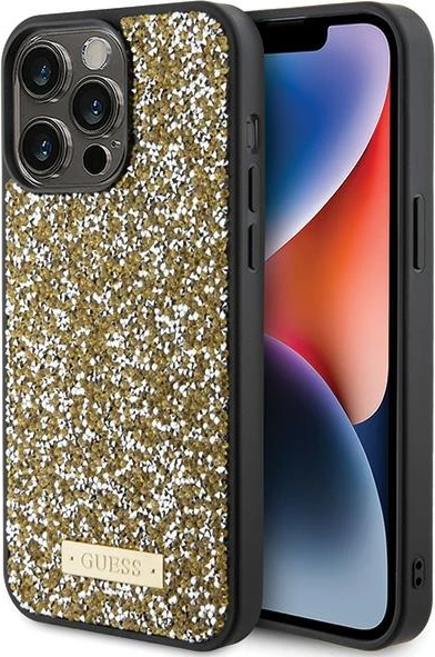 Mbështjellës Guess Rhinestone Metal Logo për iPhone 15 Pro, e verdhë