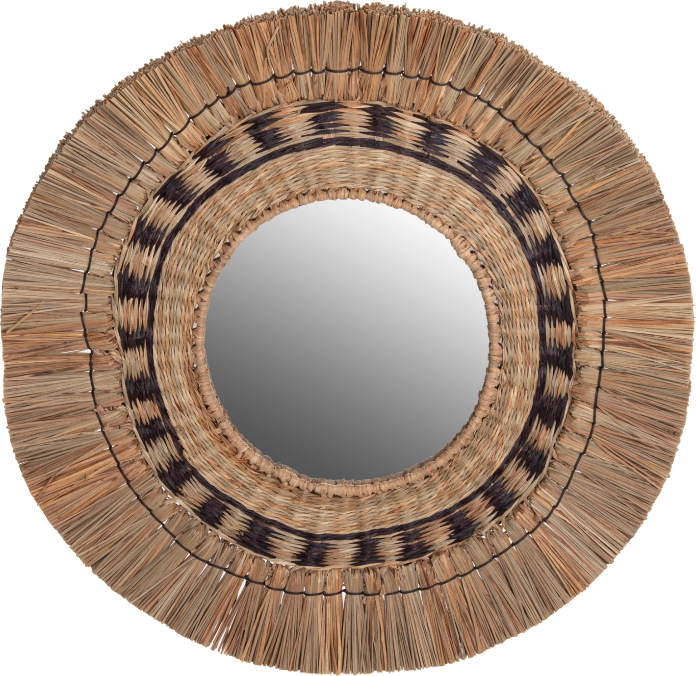 Pasqyrë muri rrethore, kornizë Mendong Grass, ngjyrë natyrale & e zezë, FH7834, 70cm