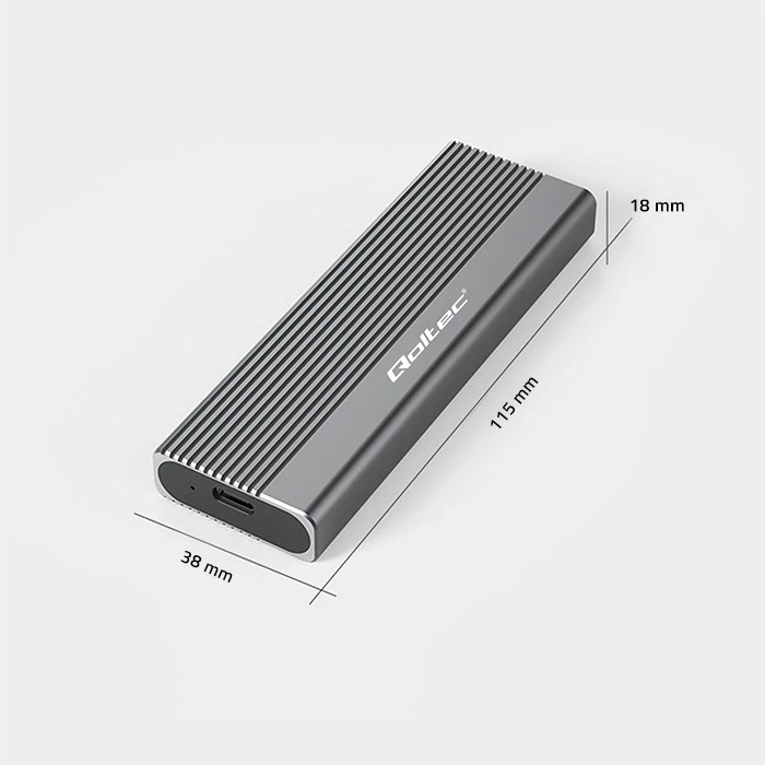 Kasë Qoltec 52267 për SSD M.2 SATA/NGFF, USB-C, 2TB, Gri