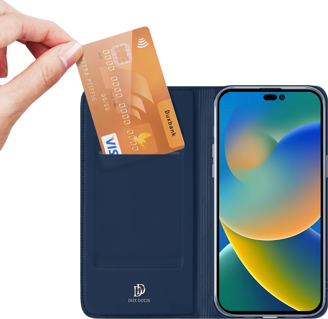 Mbështjellës Dux Ducis Skin Pro për iPhone 14 Pro Max, me xhep kartelash, me stand, Blu