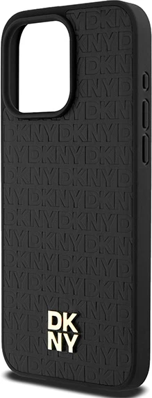 Mbështjellës DKNY Leather Monogram Pattern Metal Logo MagSafe për iPhone 15 Pro Max, i zi