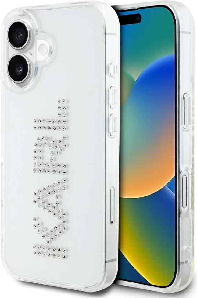 Mbështjellës Karl Lagerfeld IML Rhinestones Logo për iPhone 16, Transparent