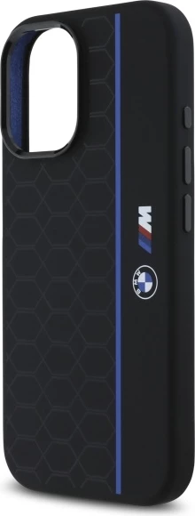 Mbështjellës BMW Silicone Hexagon Blue Line MagSafe për iPhone 16, Zi