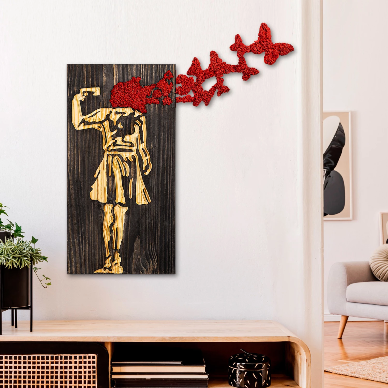 Dekor muri figurë vajze, metal-dru, FH4755, 62x3x70cm