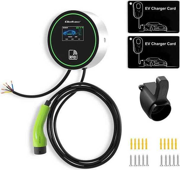 Stacion karikimi për makina elektrike Qoltec 52432, Type 2, 22kW, 3-fazor, Wi-Fi, LCD, RFID, 5m, zi/gjelbër