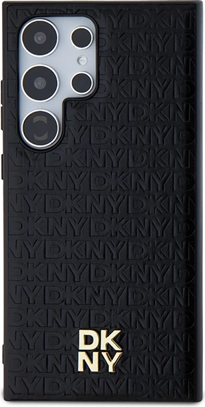 Mbështjellës DKNY Leather Pattern Metal Logo MagSafe për Samsung Galaxy S24 Ultra, zi