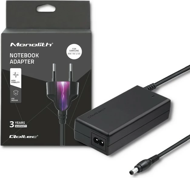 Adapter energjie për laptop Qoltec 50089.90W, 19V, 4.74A, për Samsung, i zi