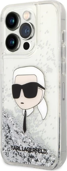 Mbështjellës Karl Lagerfeld Glitter Karl's Head për iPhone 14 Pro Max, argjendtë