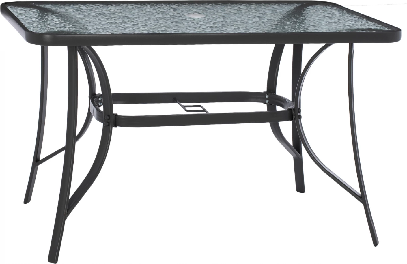 Tavolinë e jashtme BRAVO, metal gri, sipërfaqe xhami me vrimë për ombrellë, 120x70x72 cm, FH5021.11