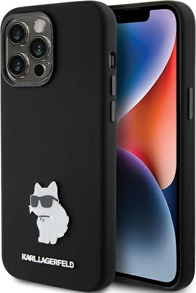 Mbështjellës Karl Lagerfeld Silicone Choupette Metal Pin për iPhone 15 Pro, i zi