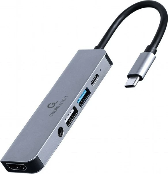Adapter USB-C 5-në-1 Gembird A-CM-COMBO5-02, HDMI, Audio, USB 3.1/2.0, e zezë/argjendtë