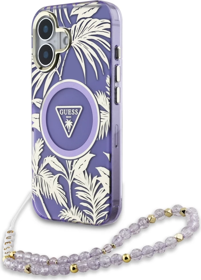 Mbështjellës Guess Palm Trees Triangle Pearl Strap MagSafe për iPhone 16, Vjollcë