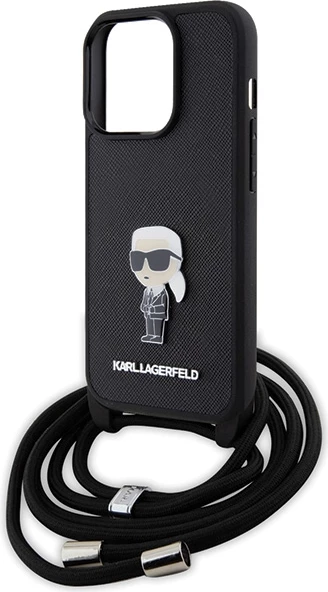 Mbështjellës Karl Lagerfeld Crossbody Saffiano Monogram Metal Pin Karl & Choupette për iPhone 15 Pro, e zezë