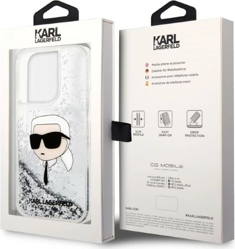 Mbështjellës Karl Lagerfeld KLHCP14LLNKHCH për iPhone 14 Pro 6.1", Glitter Karl Head, argjendtë