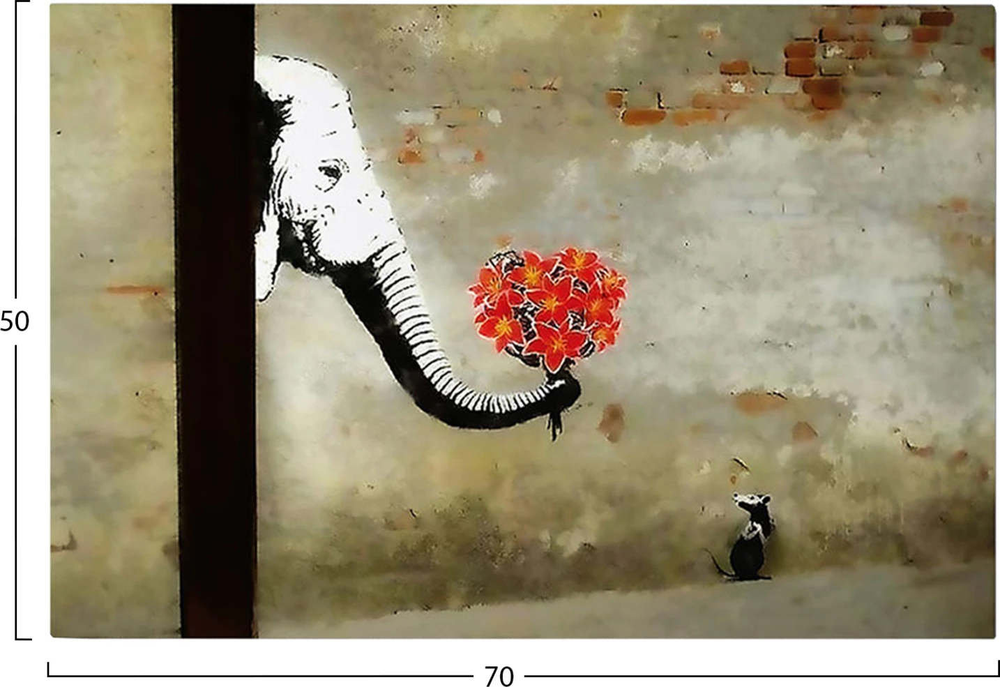 Pikturë muri GOBI, elefant me lule të kuqe, kornizë druri, 70x3x50cm